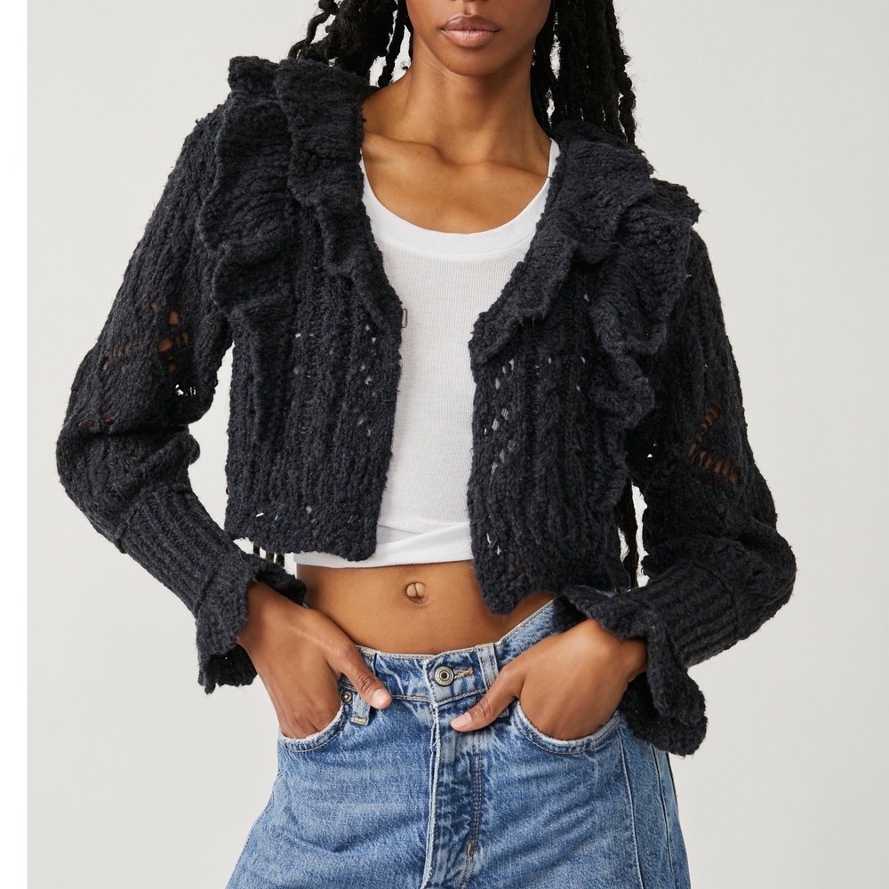 Free People Avery Cardigan Sweater Cropped Womens Size Small NEW NWT Wool Black